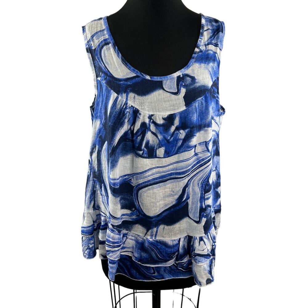 Piazza Del Tempio White Blue Tiered Top Linen Abstract Print Scoop Neck Size XL